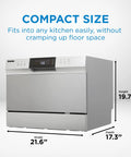 Total Game Changer Compact Countertop Dishwasher In Brushed Stainless Steel with dimensions 21.6" width, 19.7" height, 17.3" depth.