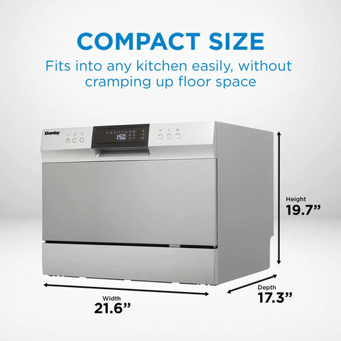 Total Game Changer Compact Countertop Dishwasher In Brushed Stainless Steel with dimensions 21.6" width, 19.7" height, 17.3" depth.