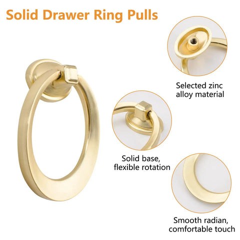 Sleek Round Pull Swing Ring Cabinet Handles 12 Pack Made From Solid Zinc Alloy With Brushed Gold Finish These Drawer Pulls Offer Single Hole Installation Durable Corrosion Resistant Eye Catching Dresser And Cabinet Knobs