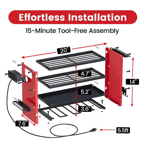 Diagram of Four Tier Power Tool Organizer With Built In Two Outlet Charging Station, showing dimensions and parts
