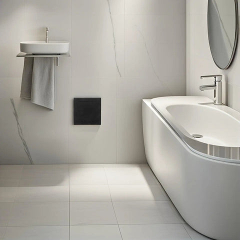 Slick Black Plastic Wall Access Panel Swings Open For Easy Inspections Fits Perfectly In Tight Spots near bathtub.