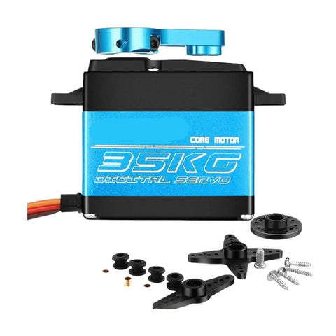 Heavy Duty Digital Servo Motor Delivering Beast Level 35Kg Cm Torque With Full Metal Gears And Waterproof Sealing showing motor and accessories.