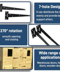Four Pack 10 Inch T Gate Hinge Heavy Duty Outdoor Rustproof Black Strap Hinges for Barn Doors with 7-hole design and 270° rotation.