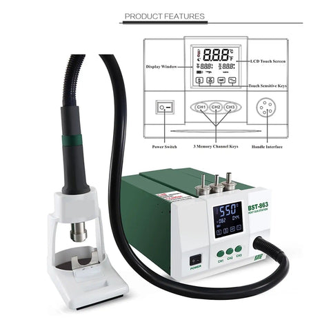 Hot Air Rework Soldering Station With Touch Screen LCD 1200W Lead Free Three Memory Channels CH1 CH2 CH3 For Phones CPUs And PCBs