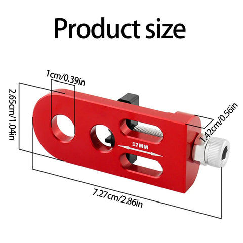 Heavy Duty Single Speed Chain Tensioner And Rear Derailleur Adjuster For Mountain Bikes And Road Cycles, red aluminum with size measurements.