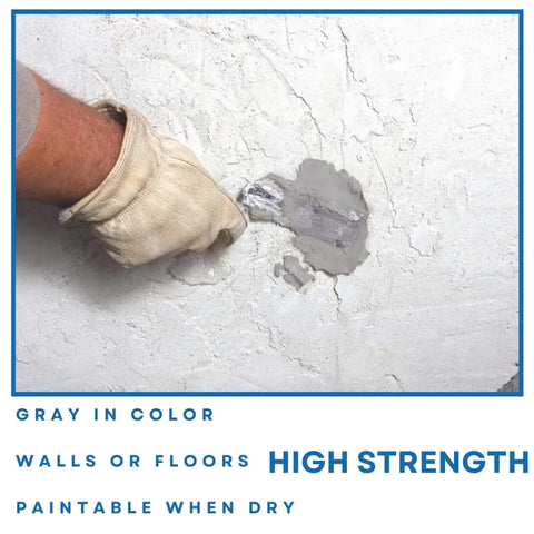 Person applying Pre Mixed Concrete And Stucco Patch For Exterior And Interior Repairs DIY Friendly No Mixing Needed Ready To Use Gray Paste One Quart With High Strength Adhesion For Walls Floors Holes Cracks And Surface Defects on a wall.