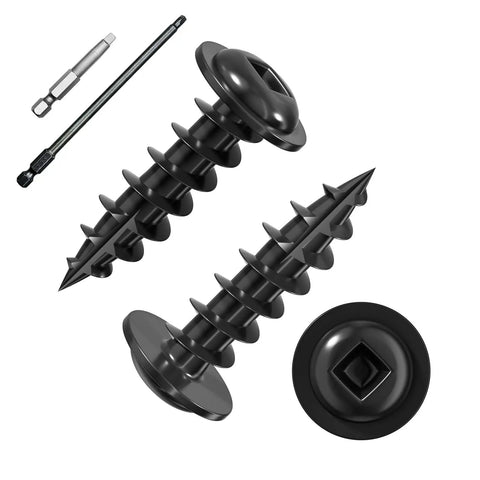 Black Pocket Hole Screws Set Number Eight Three Quarters Inch 200 Pieces One Pound Square Drive Round Head Self Tapping For Cabinets Tables Panels And DIY Outdoor Wood Projects Includes 60mm Drive Bit shown in close-up