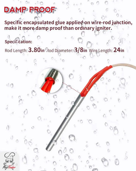 Two Pack Heavy Duty AC Grill Igniter Replacement For Pellet Grills And Smokers Keeping Your Grill Running Smooth Fits Traeger AC Models Replaces BAC199 KIT0088 BAC006 Pit Boss 70112 Camp Chef PG24-21 Z Grills Oklahoma Joe's 16801-20B damp-proof design with specifications next to water droplets