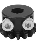 Close-up of Pro-Grade 8mm Bevel Pinion Gear 14 Teeth With Cast Steel Clamp Bore Sprocket showing hex screws and teeth detail
