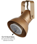Gold LED Track Lighting Kit spotlight with rotatable head and GU10 bulb base, part of adjustable ceiling spotlights for flexible illumination.