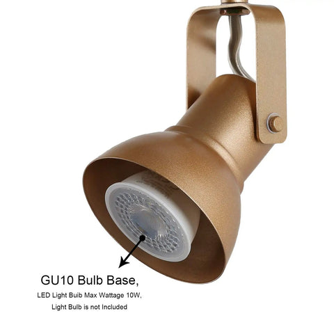 Gold LED Track Lighting Kit spotlight with rotatable head and GU10 bulb base, part of adjustable ceiling spotlights for flexible illumination.