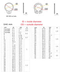 Sizing chart and diagram for All In One External Circlip Snap Ring Assortment Kit M5 To M20, 500Pcs Stainless Steel