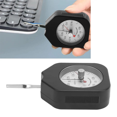 Dial Tension Tester Workhorse Pull Scale Meter For Micro Switches And Electronic Relays With Clear Viewing Cover ABS And Alloy Body Pro Grade Precision Readout For Relay Tip Pressure And Accurate Tension Checks. handheld ABS alloy dial tester, 1.5N range, measuring keyboard switch pressure