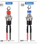 On and off positions of the 12 Pack 7mm Momentary Push Button Switches, 12V Prewired, SPST Normally Open Micro Push Buttons.