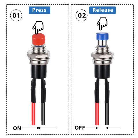 On and off positions of the 12 Pack 7mm Momentary Push Button Switches, 12V Prewired, SPST Normally Open Micro Push Buttons.