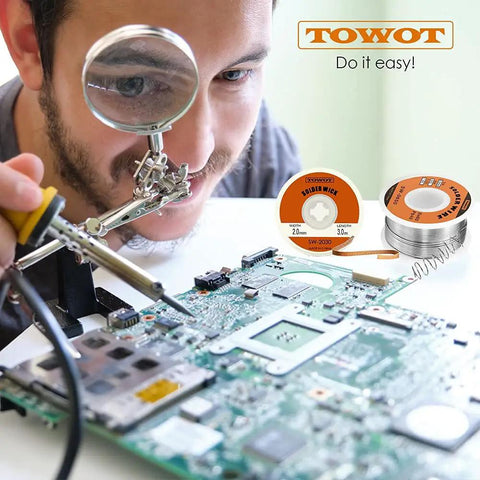 Sixty Forty Tin Lead Rosin Core Solder Wire For Electronics with man soldering a circuit board