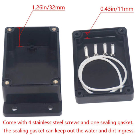 Two-pack black IP65 waterproof ABS plastic junction boxes with fixed ears, gasket, and stainless screws.