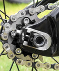 Close-up of black aluminum Two Pack Single Speed Bicycle Chain Tensioner Adjuster Regulator For BMX Fixed Gear Bikes on bike