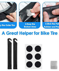 Bike Tire Repair Kit With Waterproof Saddle Bag On The Go showing patch application steps and tools
