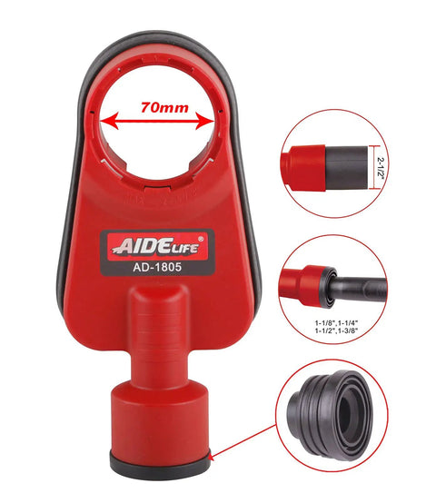 Rotary Hammer Dust Collection Attachment With Universal Dust Shroud For Drilling, showing 70mm opening and hose compatibility