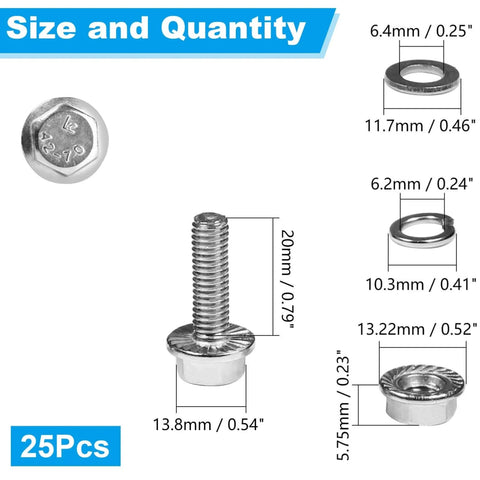 M6 Flanged Hex Head Bolts Kit, 20mm Length, 304 Stainless Steel, dimensions with nuts and washers, 25 sets display.