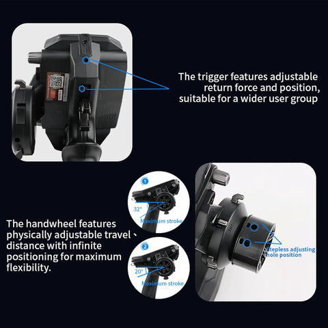11 Channel 2.4GHz RC Transmitter close-up showing trigger and handwheel, featuring adjustable settings for precise control.