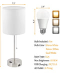 Diagram of 2 Pack Bedside Table Lamps With USB Port And AC Outlet, white shade, nickel base, bulb types, pull chain, adjustable light