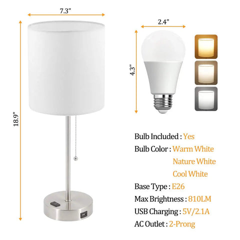 Diagram of 2 Pack Bedside Table Lamps With USB Port And AC Outlet, white shade, nickel base, bulb types, pull chain, adjustable light