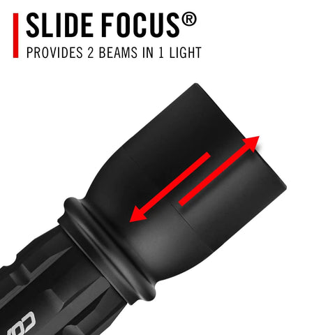 Close-up of XP9R 1200 Lumen USB-C Rechargeable Dual Power LED Flashlight With Pure Beam Slide Focus, highlighting sliding head mechanism