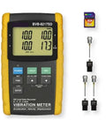 All In One Vibe Meter With SD Card Data Logger For Real Time Analysis Of Acceleration Velocity And Displacement, Built In Data Logging For Long Term Trend Tracking, Large Backlit LCD Display For Clear Readouts Anywhere, handheld device with probes and SD card