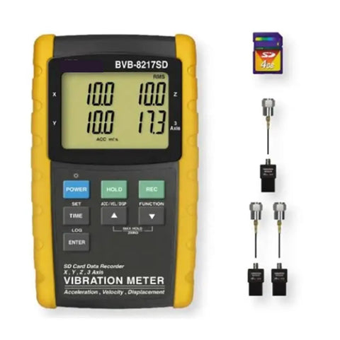 All In One Vibe Meter With SD Card Data Logger For Real Time Analysis Of Acceleration Velocity And Displacement, Built In Data Logging For Long Term Trend Tracking, Large Backlit LCD Display For Clear Readouts Anywhere, handheld device with probes and SD card
