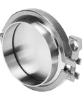 Front view of a 4-inch stainless steel sanitary pipe end cap with tri-clamp ferrule and clamp.
