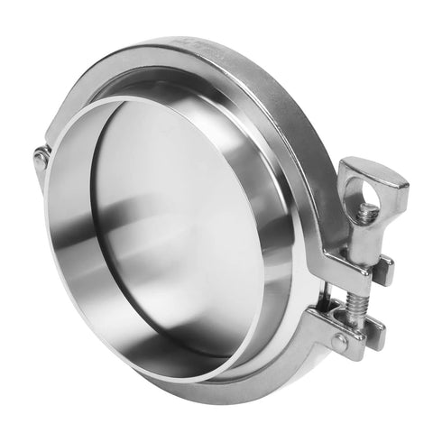 Front view of a 4-inch stainless steel sanitary pipe end cap with tri-clamp ferrule and clamp.