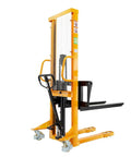 Heavy Duty Manual Pallet Stacker 2200 Lb Capacity With 63 Inch Lift Height Fixed Leg Design and Adjustable Forks visible