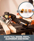 Compact Palm Saw With 3 Amp Motor And 3 3/8 Inch Blade for clean cuts through wood aluminum siding and tile on workbench.