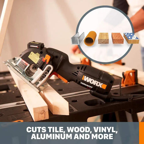 Compact Palm Saw With 3 Amp Motor And 3 3/8 Inch Blade for clean cuts through wood aluminum siding and tile on workbench.