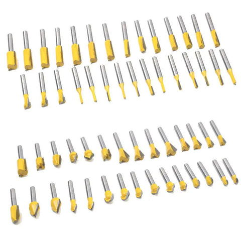 Top Shelf 100 Piece Router Bit And Woodworking Chisel Set Featuring 1/4 Inch Shank with various cutting shapes.