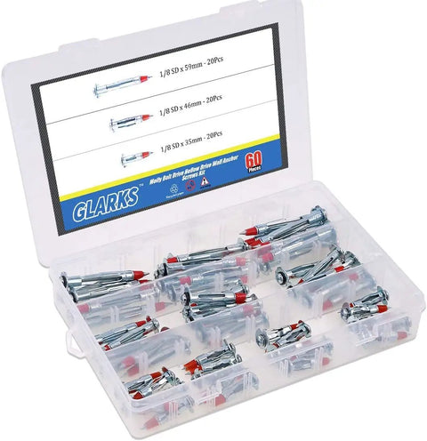 Heavy Duty Molly Bolt Wall Anchor Set Zinc Plated Steel 60-Piece Assortment Kit with 1/8 Inch drives in open case