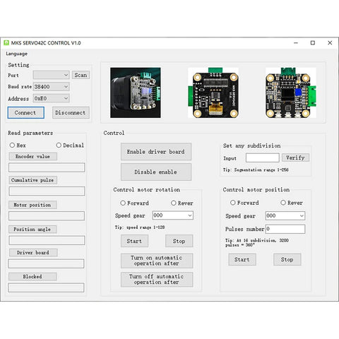 MKS SERVO42C control software window with port settings, read parameters, and three driver board thumbnails.