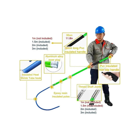 Fiberglass Insulated Rescue Hook For High Voltage Safety, Lightweight And Tough, 3M Long, Handles Up To 100kg 220lb, Ideal For Power Stations, Factories, And Auto Maintenance, Pro Grade Rescue Tool For Electric Emergencies, worker holding 3m insulated hook