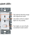 Skylark LED+ dimmer switch with slide control, rocker switch, white finish, for dimmable LED, halogen, incandescent bulbs.