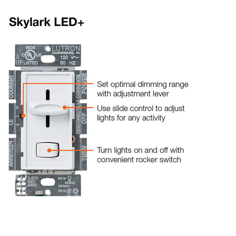 Skylark LED+ dimmer switch with slide control, rocker switch, white finish, for dimmable LED, halogen, incandescent bulbs.