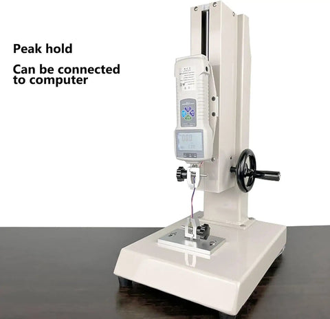 Manual Force Gauge Stand With Digital Force Gauge 300mm Stroke 1000N Capacity Tension And Compression Testing USB Data Output LCD Backlit Display Stores Up To 999 Peak Readings Great For Lab Or Workshop Use, front view