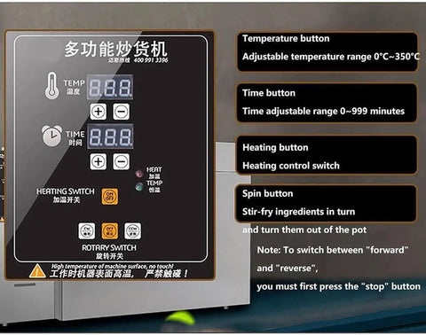 Control panel of Rock Solid Commercial Electric Coffee Bean And Nut Roaster with adjustable temp and timer settings.