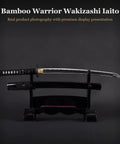 Unsharpened Aluminum Alloy Iaido Wakizashi Iaito for Safe Practice, 20.25 Inch Blade With Fuller Groove displayed on a stand
