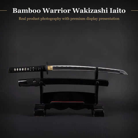 Unsharpened Aluminum Alloy Iaido Wakizashi Iaito for Safe Practice, 20.25 Inch Blade With Fuller Groove displayed on a stand