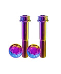 Pack Of 4 Grade 5 Titanium Torx Bolts M10 X 1.25 Pitch Brake Caliper Screws Dual Drive Flange Head in rainbow finish.