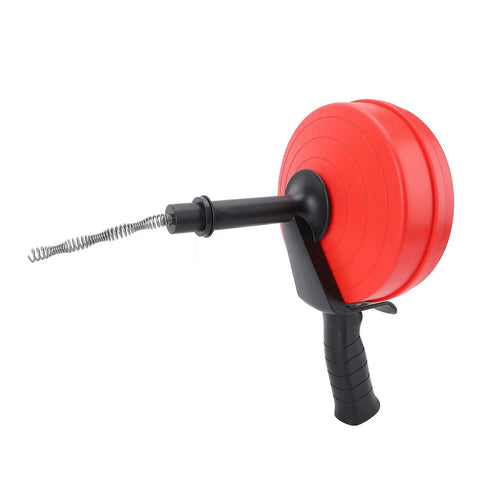 Heavy Duty Drain Auger With 10m Coil Spring And Twin Modes For Knocking Out Stubborn Clogs With No Sweat While Serving Up Hardcore Durability From Tough Manganese Steel For Bathroom And Kitchen Pipeline Tasks with red coil and handle.