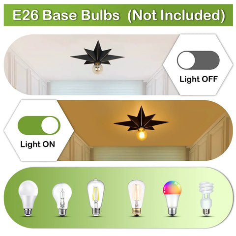 16 Inch Industrial Black Metal Star Flush Mount Ceiling Light With Vintage Farmhouse Vibe shown with bulb options