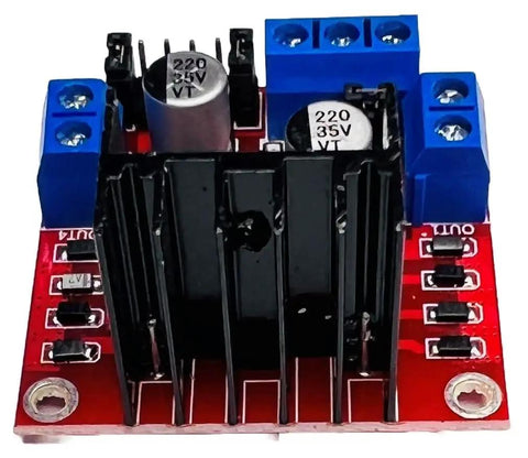 L298N Dual Channel Motor Driver Module For Arduino ESP32 ESP8266 Raspberry Pi, front view showing components on red PCB